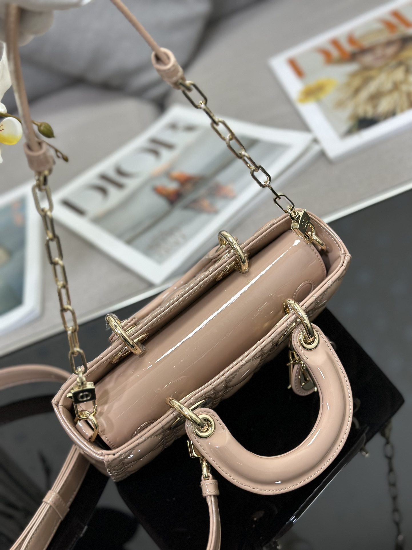 Small Lady D-Joy Bag Powder Beige Patent Cannage Calfskin